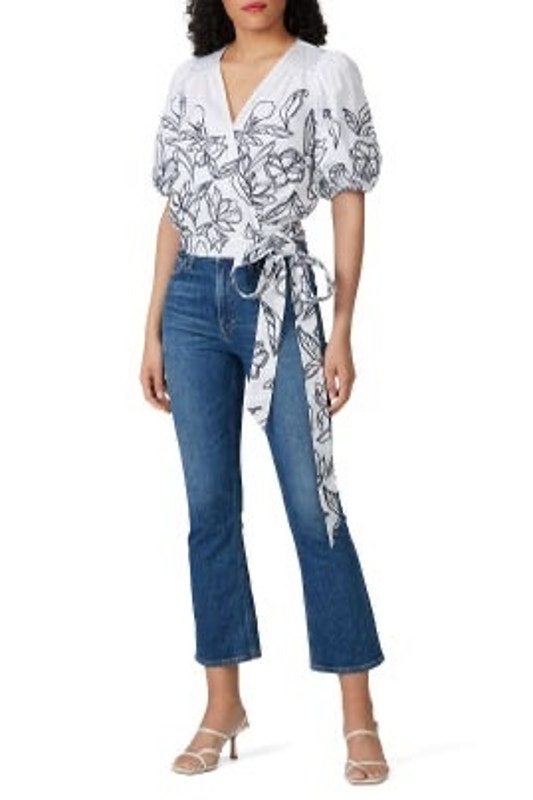 Tanya Taylor Leiria White Floral Embroidered Puff Sleeve Tie Wrap Top Size 6